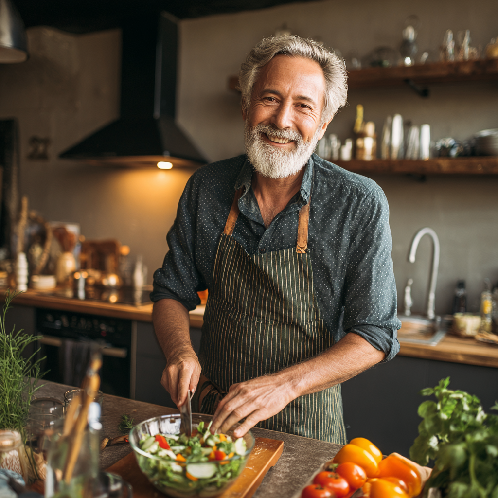 Чоловік віком 58 років готує салат на кухні, усміхається та виглядає енергійно
