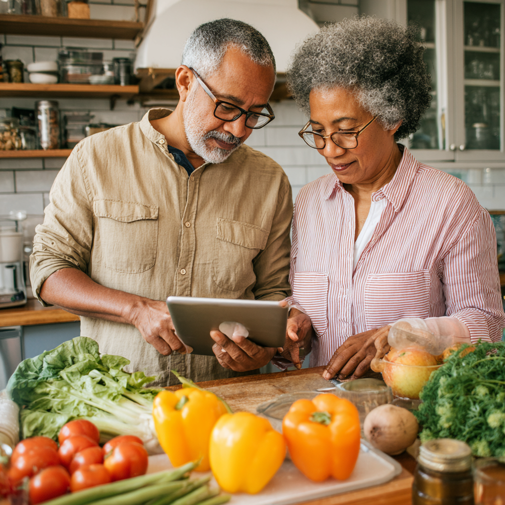 Подружжя віком 52-55 років разом готує здорову їжу на кухні, користуючись планшетом з рецептами