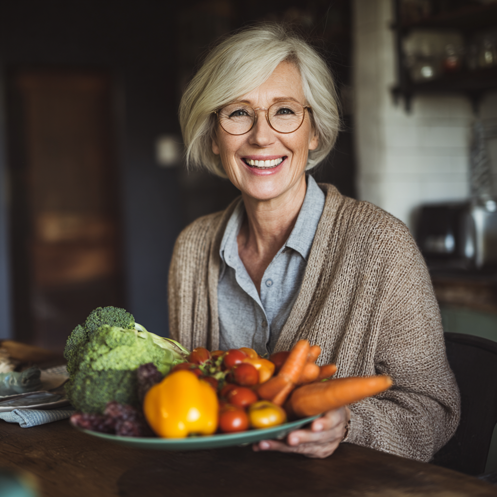 Усміхнена жінка віком 55 років тримає тарілку зі свіжими овочами та фруктами, сидячи за кухонним столом